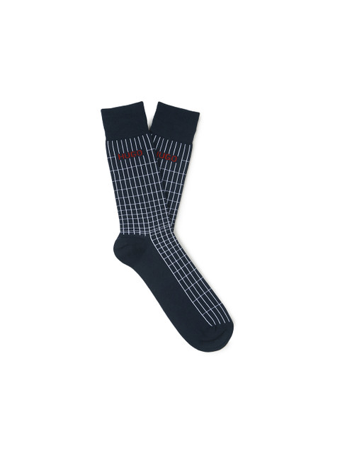 

HUGO Men Navy Blue & White Checked Cotton Calf-Length Socks