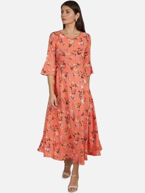 

Florence Peach-Coloured Floral Keyhole Neck Crepe Maxi Dress