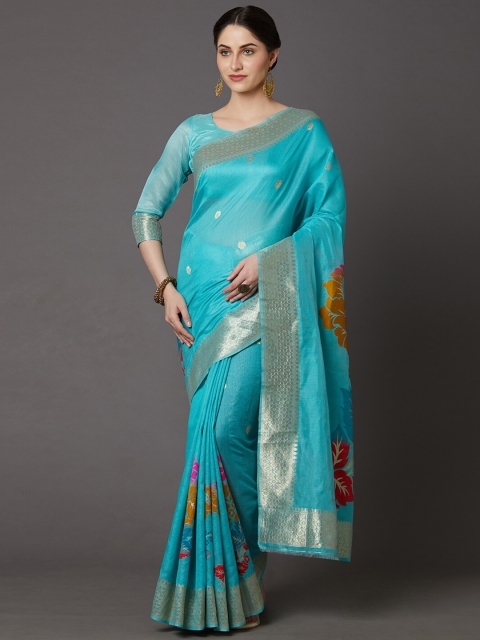 Mitera Blue Floral Zari Silk Blend Banarasi Saree