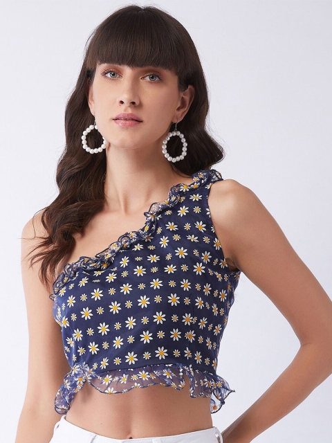 

MAGRE Blue Floral One Shoulder Regular Crop Top