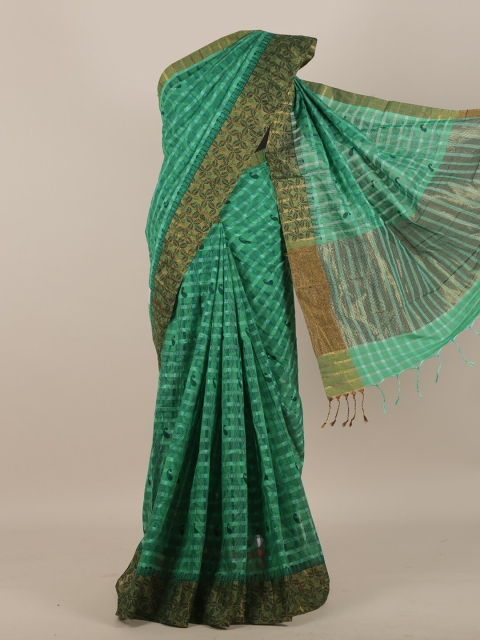 

Pothys Green Checked Zari Cotton Blend Saree