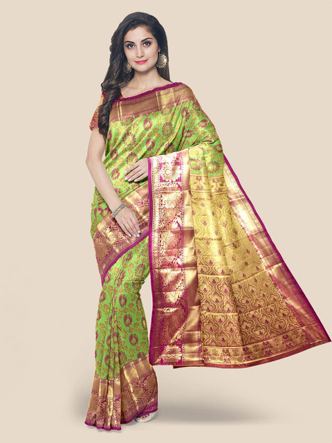 

Kalamandir Green & Pink Ethnic Motifs Zari Silk Blend Kanjeevaram Saree