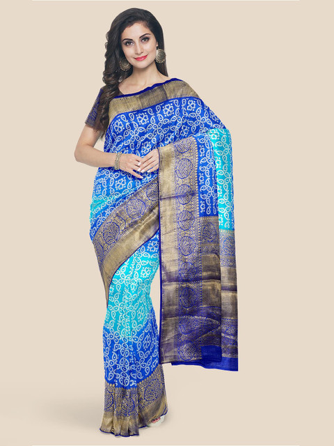 

Kalamandir Blue Bandhani Silk Blend Banarasi Saree