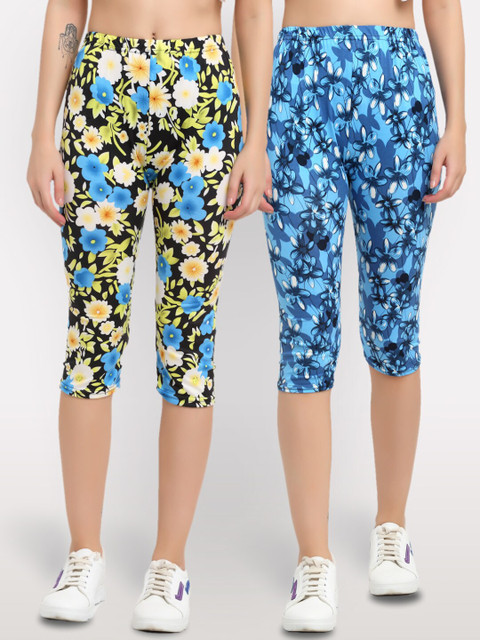 

NEUDIS Women Pack of 2 Black & Blue Printed Capris