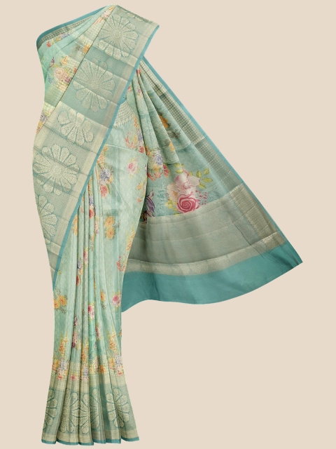 

Kalamandir Sea Green & Gold-Toned Floral Zari Silk Blend Banarasi Saree