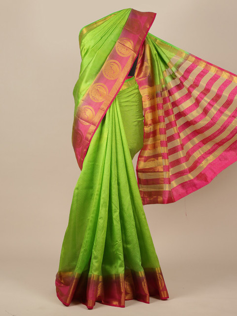 

Pothys Green & Pink Zari Jute Silk Saree