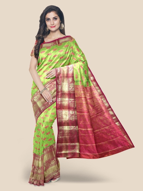 

KLM Fashion Mall Green & Pink Embellished Silk Blend Kanjeevaram Saree