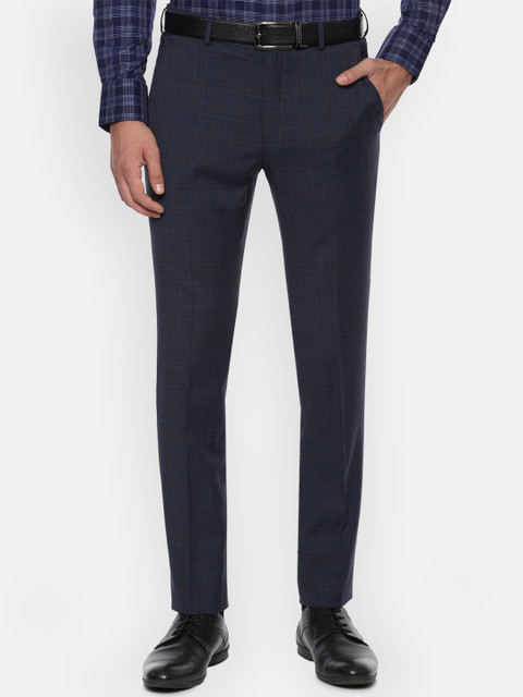 

Louis Philippe Permapress Men Navy Blue Checked Slim Fit Formal Trousers Formal Trousers