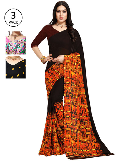 

KALINI Black & Orange Pack of 3 Printed Saree