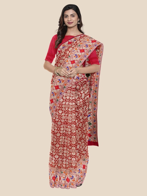 

KLM Fashion Mall Maroon & Blue Floral Silk Blend Banarasi Saree