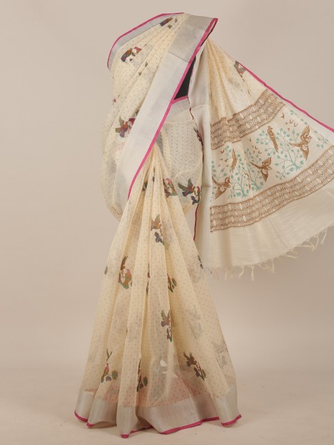 

Pothys Cream-Coloured & Pink Zari Ethnic Motifs Saree