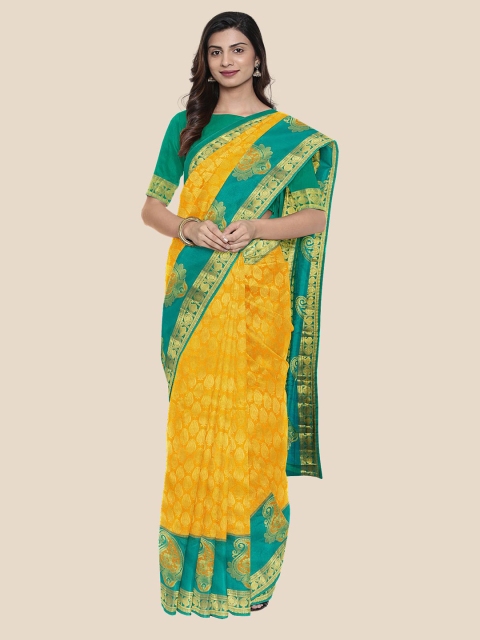 

Kalamandir Mustard Yellow & Green Ethnic Motifs Kanjeevaram Saree