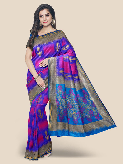 

KLM Fashion Mall Blue & Pink Woven Design Silk Blend Banarasi Saree