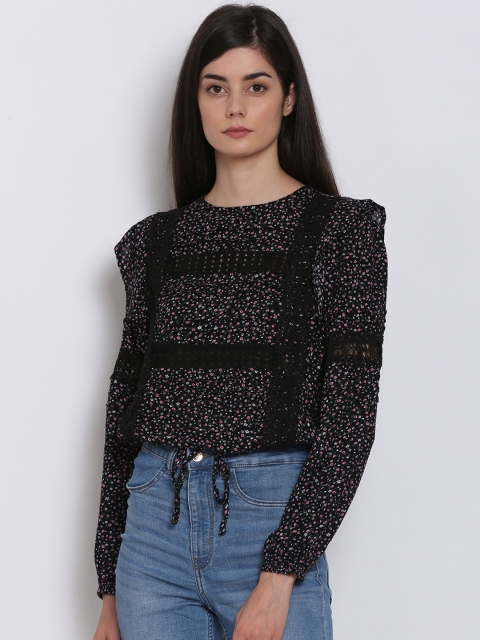 

NoBarr Black & Multicoloured Floral Ruffles Blouson Crop Top