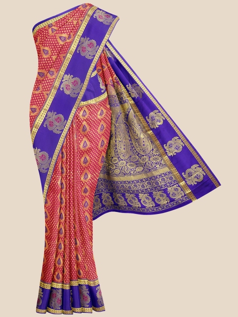 

KLM Fashion Mall Pink & Blue Woven Design Zari Silk Blend Kanjeevaram Saree