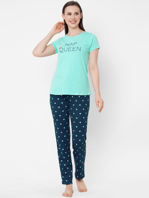 

Sweet Dreams Women Sea Green & Navy Blue Printed Pure Cotton Night Suit