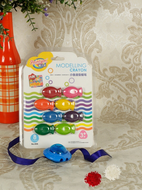 

PASSION PETALS Boys Blue Gifts for Kids with Crayon Sharpener Rakhi , roli chawal,card