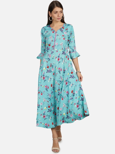 

Florence Women Blue Crepe Floral Printed Bell Sleeve Midi Dress