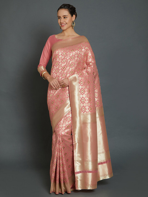 

Mitera Pink & Gold-Toned Ethnic Motifs Zari Silk Blend Banarasi Saree