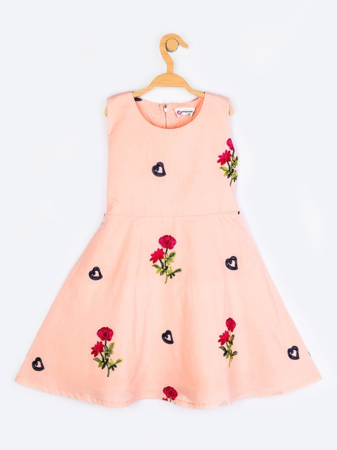

Peppermint Girls Peach-Coloured Cotton Floral Embroidered Fit & Flare Dress