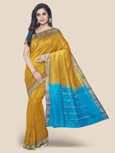

KLM Fashion Mall Mustard Yellow & Blue Woven Design Zari Saree