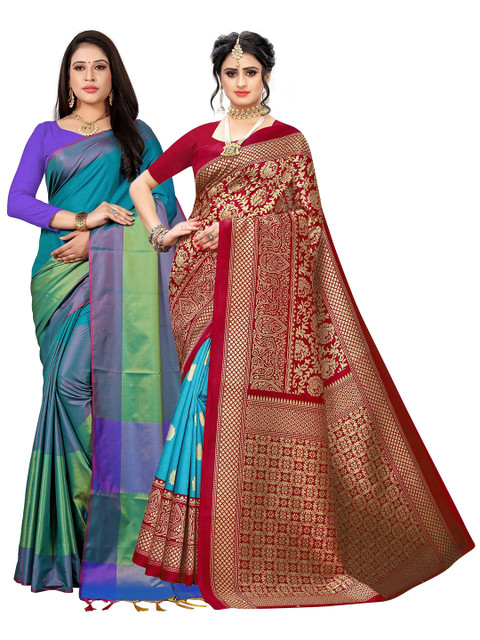 

KALINI Pack of 2 Blue & Red Art Silk Saree