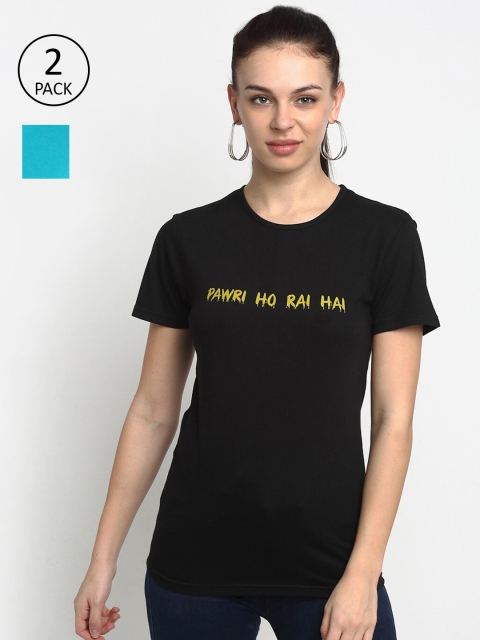 

VIMAL JONNEY Women Pack Of 2 Black & Teal Blue Typography Printed T-shirt