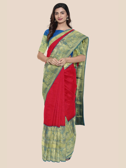 

KLM Fashion Mall Pink & Blue Zari Silk Blend Kanjeevaram Saree
