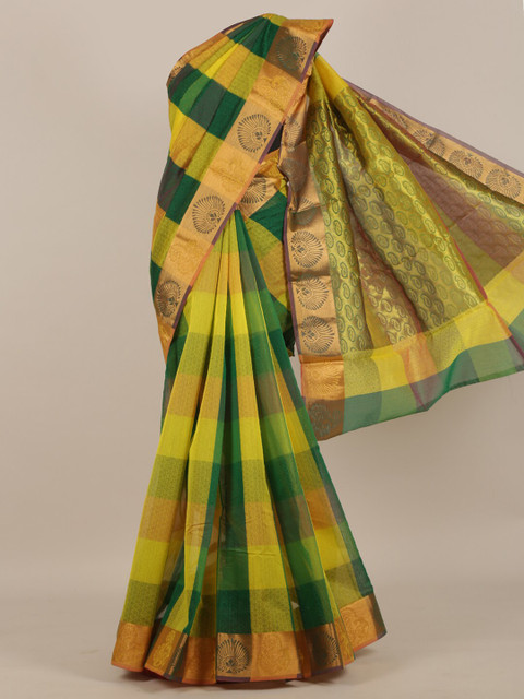 

Pothys Yellow & Green Checked Zari Silk Cotton Saree