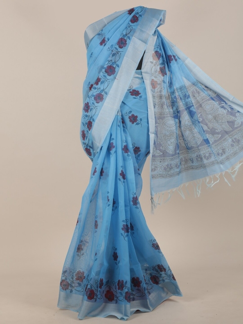 

Pothys Blue & Silver-Toned Floral Zari Cotton Blend Saree