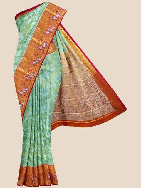 

KLM Fashion Mall Sea Green & Orange Woven Design Silk Blend Kanjeevaram Saree