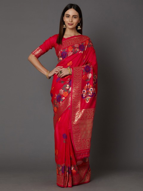 

Mitera Pink & Purple Floral Silk Blend Banarasi Saree