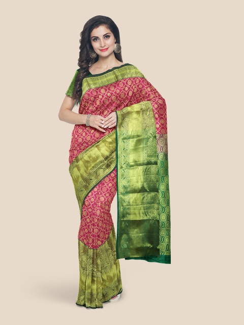 

Kalamandir Pink & Green Ethnic Motifs Zari Silk Blend Kanjeevaram Saree
