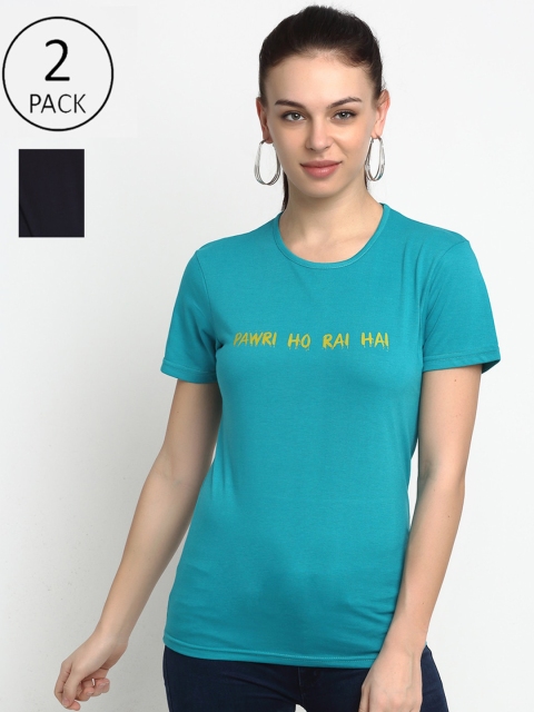 

VIMAL JONNEY Women Pack of 2 Typography Printed Casual T-shirt, Blue