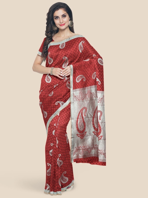 

KLM Fashion Mall Maroon & Silver-Toned Paisley Zari Silk Blend Kanjeevaram Saree