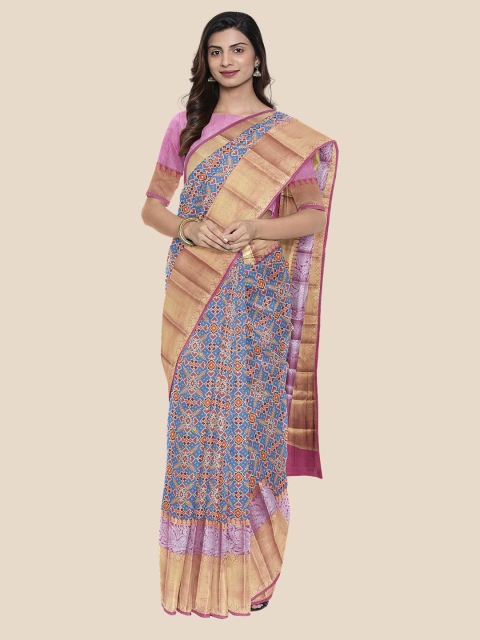 

Kalamandir Blue & Gold-Toned Ethnic Motifs Zari Silk Blend Saree
