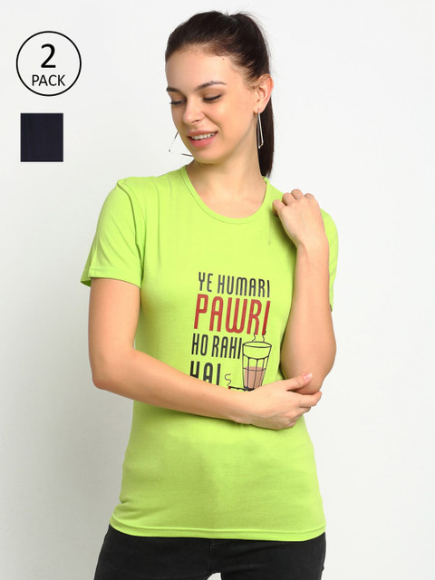 

VIMAL JONNEY Women Pack Of 2 Green & Black Typography Printed T-shirt