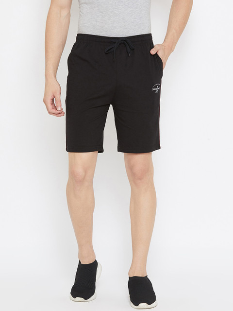 

Duke Men Black Solid Cotton High-Rise Shorts with Print & Side Striped Detail