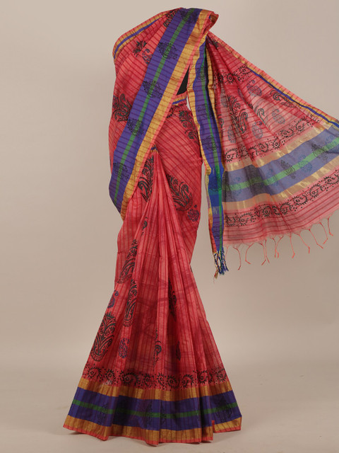 

Pothys Pink & Blue Floral Cotton Blend Saree