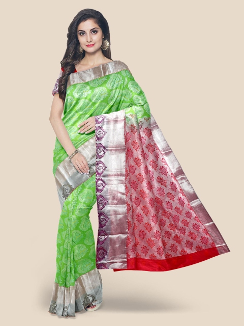 

KLM Fashion Mall Green & Red Paisley Zari Silk Blend Kanjeevaram Saree