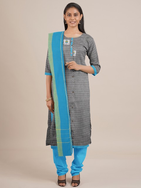 

Pothys Grey & Blue Printed Unstitched Dress Material