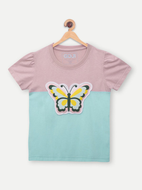 

GOJI Girls Blue & Pink Betty Butterfly Applique Printed T-shirt