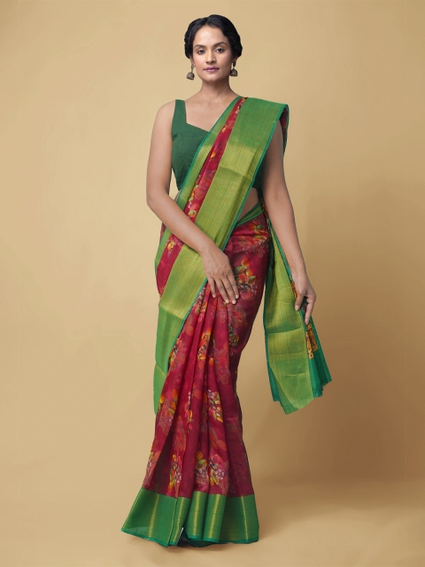 

Unnati Silks Red & Green Floral Silk Cotton Chanderi Saree