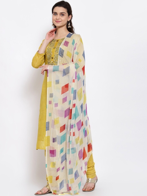 

Me Lady Fashion Yellow & Off White Embroidered Semi-Stitched Dress Material