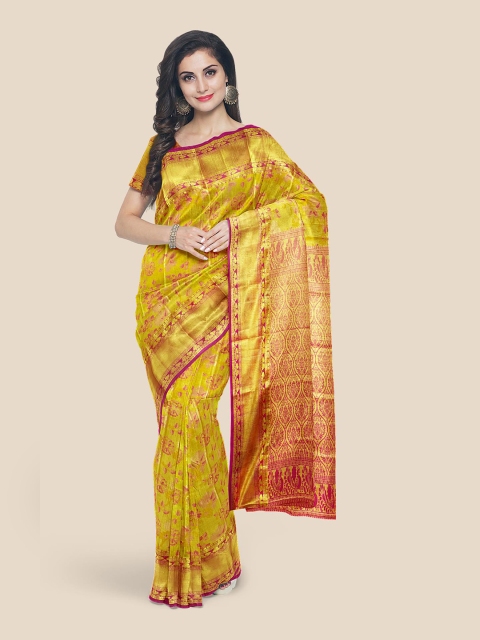 

Kalamandir Mustard & Pink Woven Design Silk Blend Kanjeevaram Saree