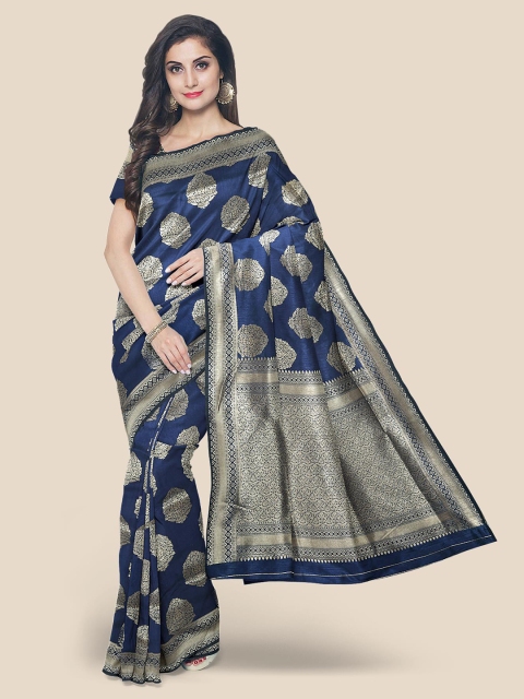 

KLM Fashion Mall Navy Blue & Gold-Toned Ethnic Motifs Zari Silk Blend Banarasi Saree