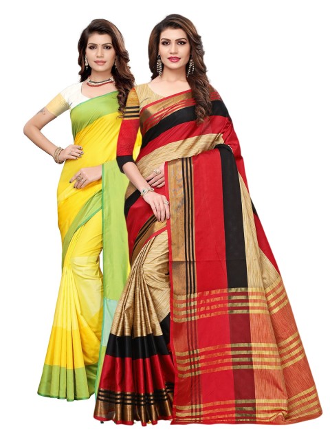 

KALINI Pack Of 2 Beige & Yellow Woven Design Art Silk Sarees