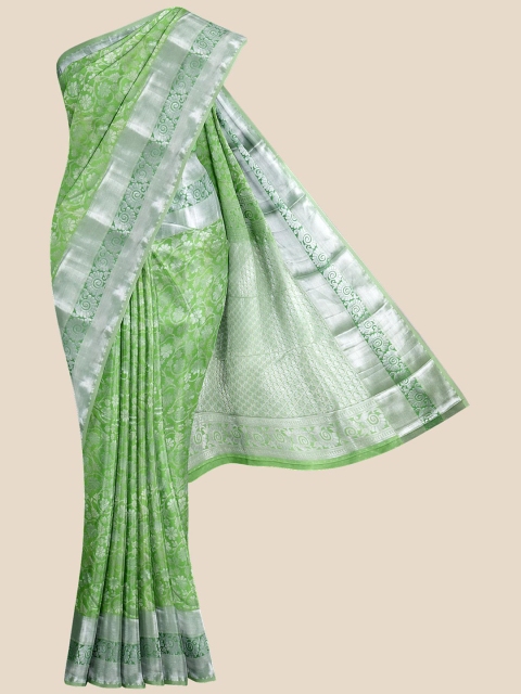 

Kalamandir Green & Silver-Toned Ethnic Motifs Silk Blend Kanjeevaram Saree