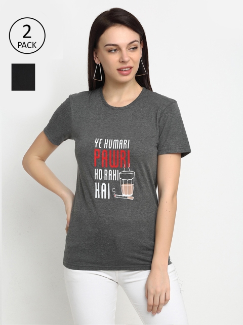 

VIMAL JONNEY Women Pack Of 2 Black & Grey Typography Printed T-shirt