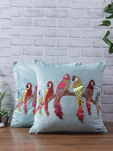 

eyda Turquoise Blue & Red Set of 2 Embroidered Velvet Square Cushion Covers